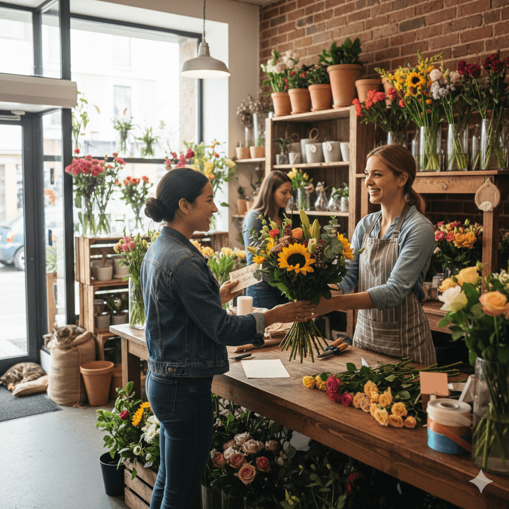 Florist serving customer in flower shop